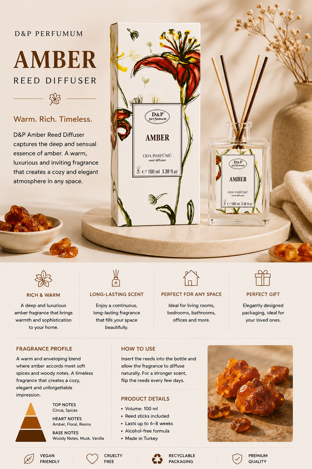 D&P Amber Reed Diffuser – Home Fragrance 100ml