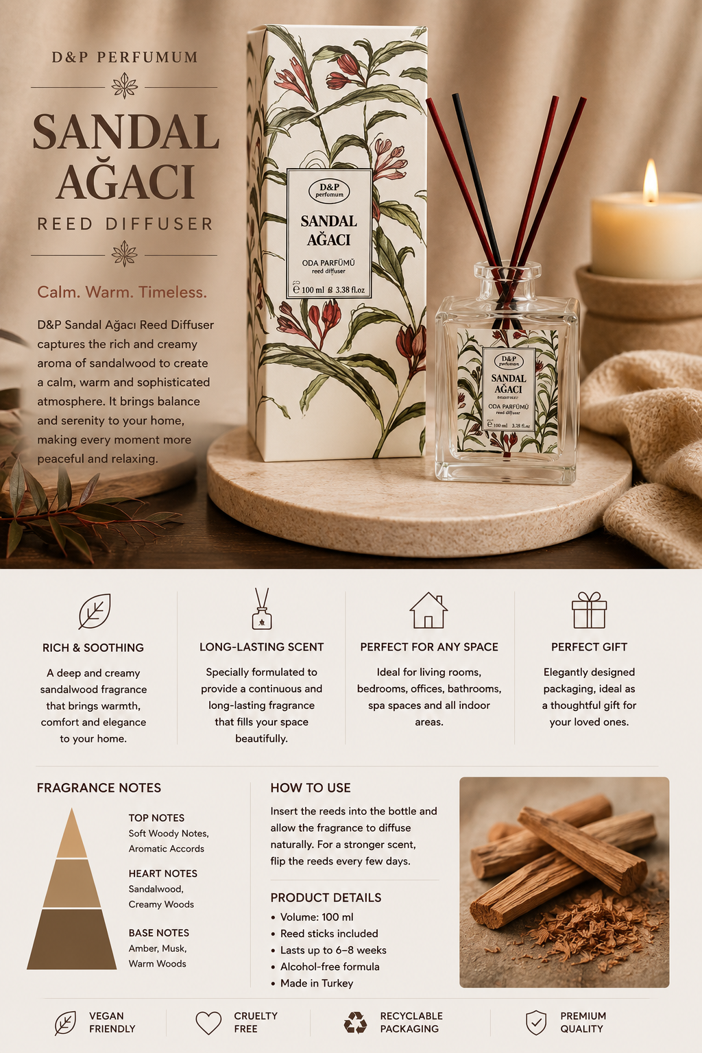 D&P Sandal Reed Diffuser – Home Fragrance 100ml
