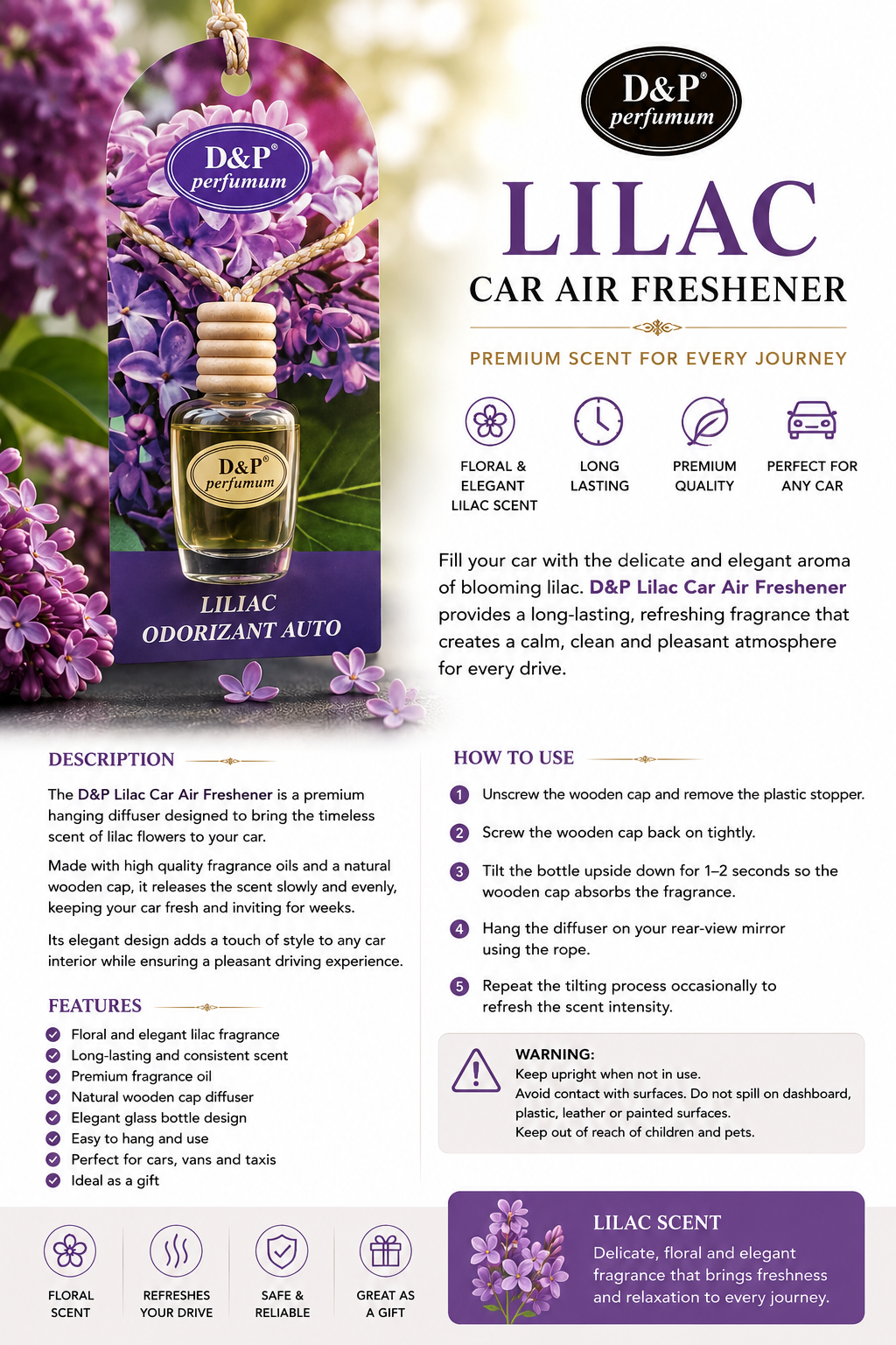 D&P Lilac Car Air Freshener – Premium Hanging Diffuser