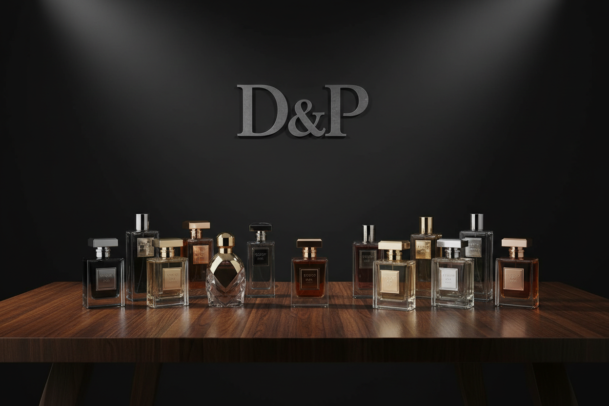  multe parfumuri pe o masa luxury de lemn masiv maro inchis background matt negru si logo pe perete d&p 